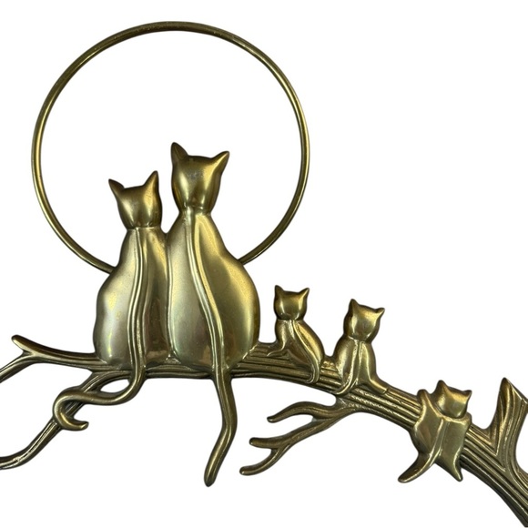 Vintage Cat Family on Branch with Moon - Brass Wall Hanging - 1970's Decor - Picture 2 of 5